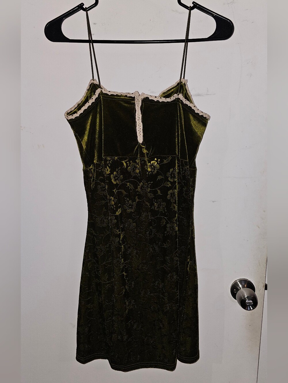 Practical Magic Olive Green Velvet Slip Dress with Cream Lace Trim